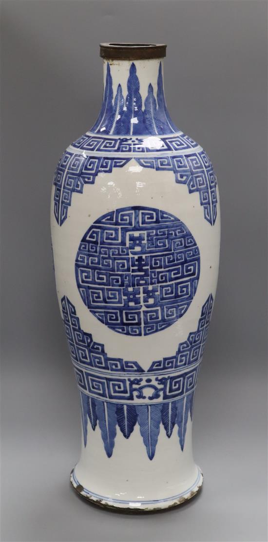 A large 19th century Chinese blue and white baluster vase height 58cm (a.f.)
